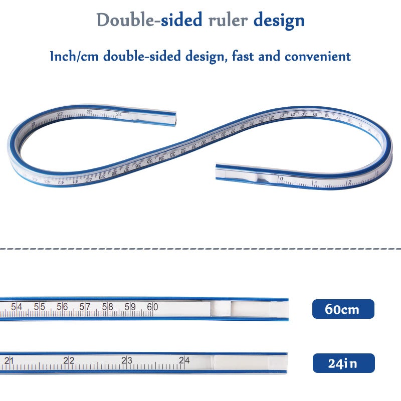 HLZC 2 Pieces 24 Inch Ruler  Flexible Curve Ruler Rulers for Drawing Curved Ruler for Sewing Ideal for Engineering Drawing Ruler That Can Be Bent Curve Templates  Flexi Curve (Blue) - Image 3